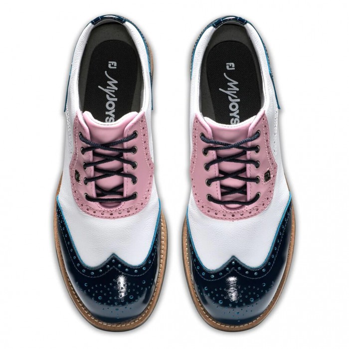 Women's Footjoy Premiere Series - Shield Tip Spiked Golf Shoes White / Pink / Navy Patent | USA-CV52