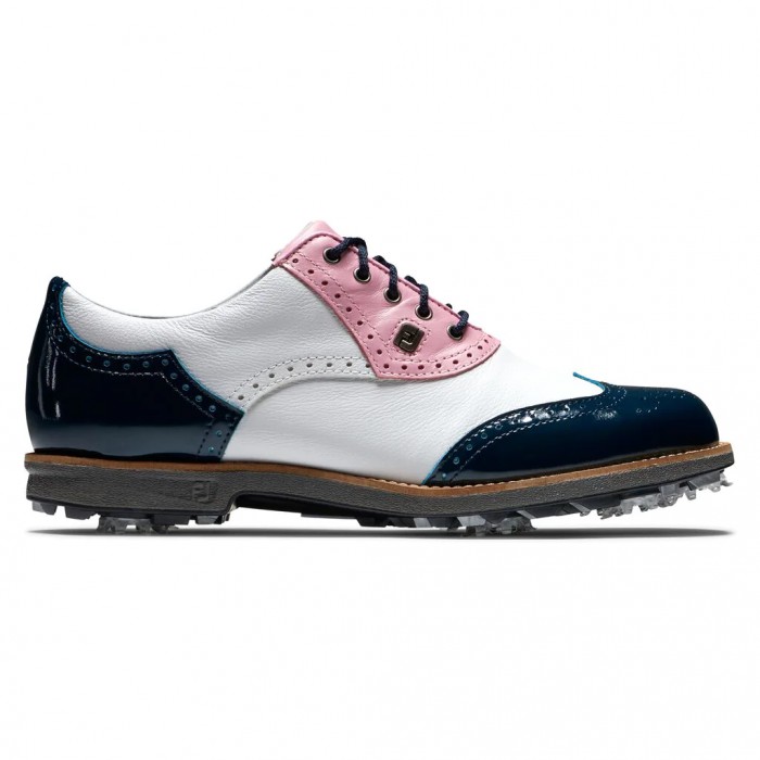 Women\'s Footjoy Premiere Series - Shield Tip Spiked Golf Shoes White / Pink / Navy Patent | USA-CV52