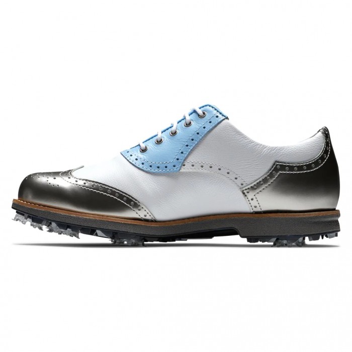 Women's Footjoy Premiere Series - Shield Tip Spiked Golf Shoes White / Light Blue / Metallic Silver 