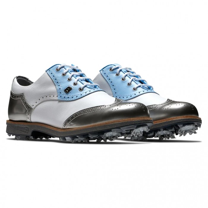 Women's Footjoy Premiere Series - Shield Tip Spiked Golf Shoes White / Light Blue / Metallic Silver 