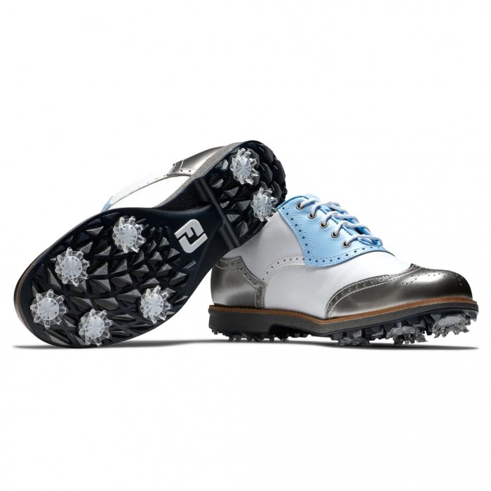 Women's Footjoy Premiere Series - Shield Tip Spiked Golf Shoes White / Light Blue / Metallic Silver 