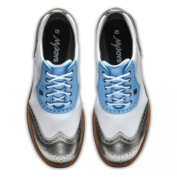 Women's Footjoy Premiere Series - Shield Tip Spiked Golf Shoes White / Light Blue / Metallic Silver 