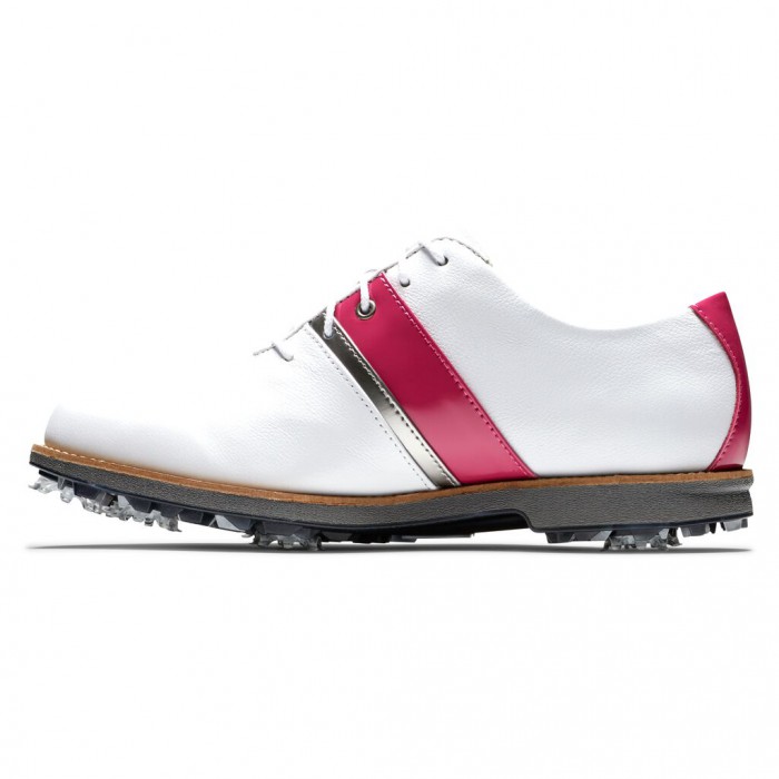 Women's Footjoy Premiere Series - Traditional Spiked Golf Shoes White / Fuchsia Patent / Metallic Si