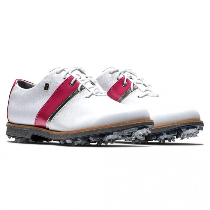 Women's Footjoy Premiere Series - Traditional Spiked Golf Shoes White / Fuchsia Patent / Metallic Si