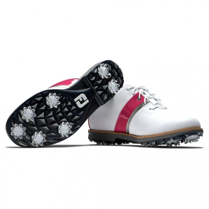 Women's Footjoy Premiere Series - Traditional Spiked Golf Shoes White / Fuchsia Patent / Metallic Si