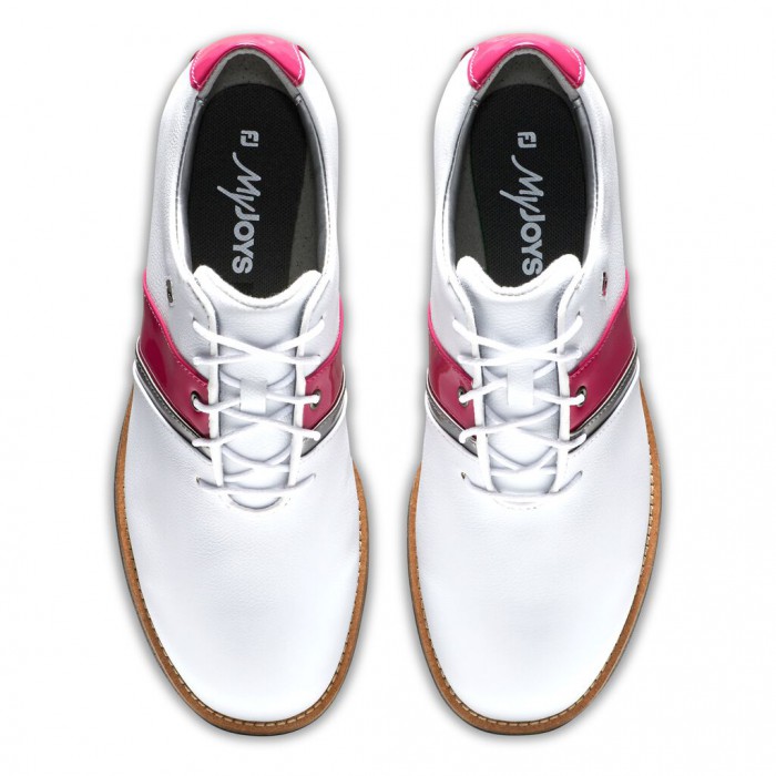 Women's Footjoy Premiere Series - Traditional Spiked Golf Shoes White / Fuchsia Patent / Metallic Si